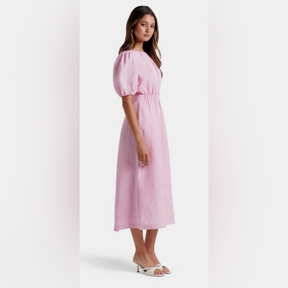 EverNew Melbourne Open Back Baby Barbie Pink Linen Midi Dress. USA 6. - Picture 3 of 4